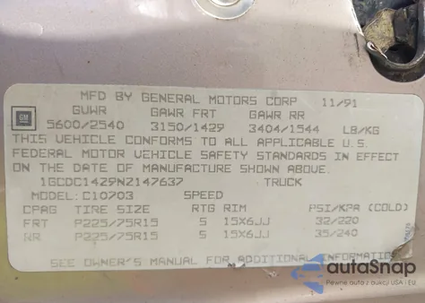 1992 Chevrolet Gmt-400 C1500 from USA, damaged, VIN 1GCDC14Z9NZ147637